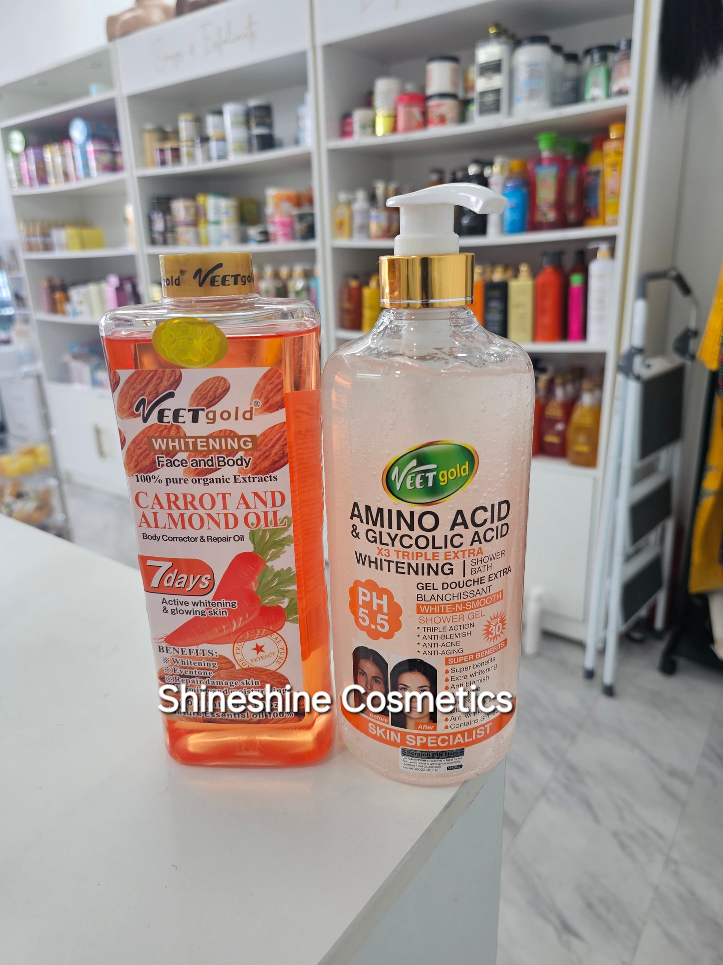 Veet Gold White Amino & Glycolic Acid Whitening Shower Scrub & Veet Carrot & Almond Whitening Oil