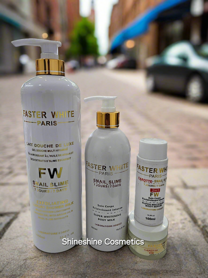 Faster White Snail Slim Exclusive Ligtening Set Lotion ,Oil ,Face cream and Body Wash