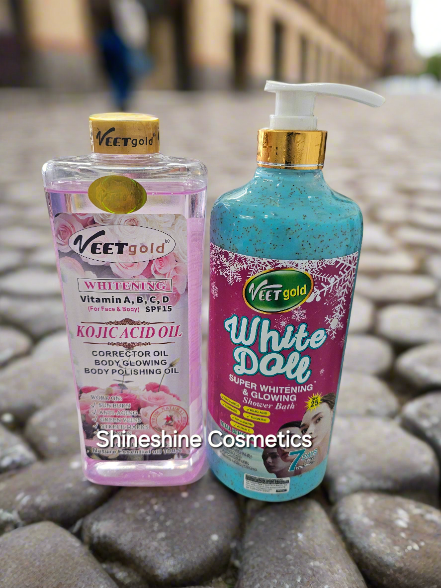 Veet Gold White Doll Whitening Shower Scrub & Veet Gold Kojic Acid Whitening Oil