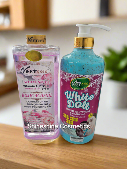 Veet Gold White Doll Whitening Shower Scrub & Veet Gold Kojic Acid Whitening Oil